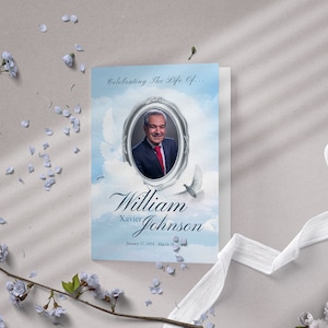 17x11 Large Bifold | Heavenly Blue Skies Funeral Program | Celebration of Life | Memorial Keepsake | Digital Download | Canva Template