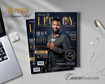 17x11 Booklet (8 pages) | The Mogul Magazine Style Funeral Program | Celebration of Life | Obituary | Digital Download | Canva Template