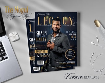 17"x11" Booklet (8 pages) | The Mogul Magazine Style Funeral Program | Celebration of Life | Keepsake | Digital Download | Canva Template