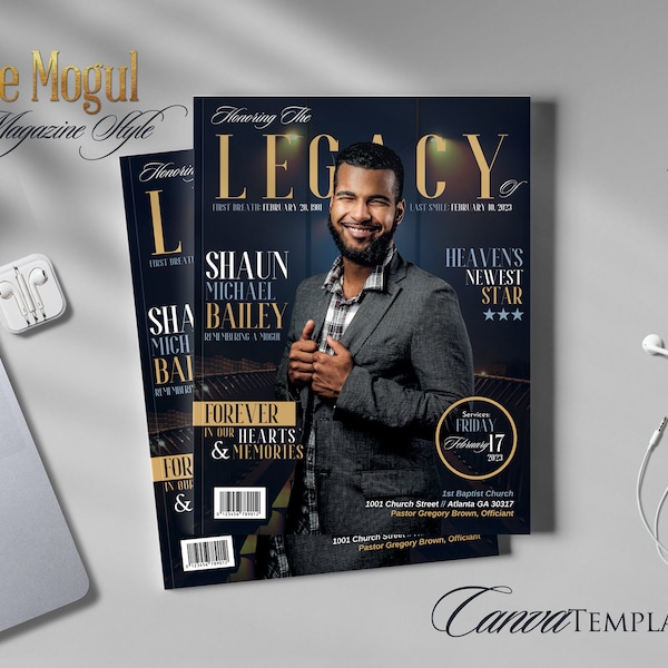 17"x11" Booklet (8 pages) | The Mogul Magazine Style Funeral Program | Celebration of Life | Keepsake | Digital Download | Canva Template