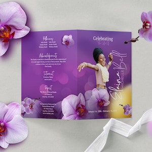 17x11 Large Bifold Purple Floral Funeral Program Celebration of Life Memorial Keepsake Digital Download Canva Template image 3