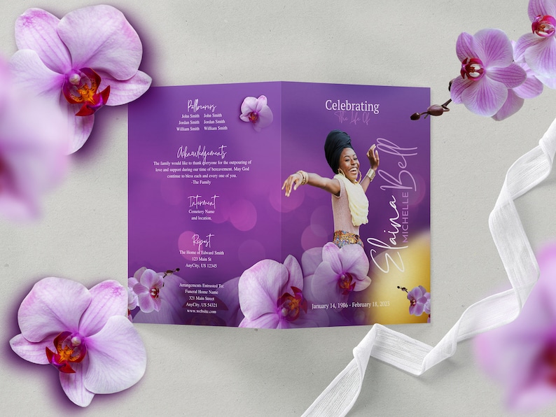 17x11 Large Bifold Purple Floral Funeral Program Celebration of Life Memorial Keepsake Digital Download Canva Template image 3