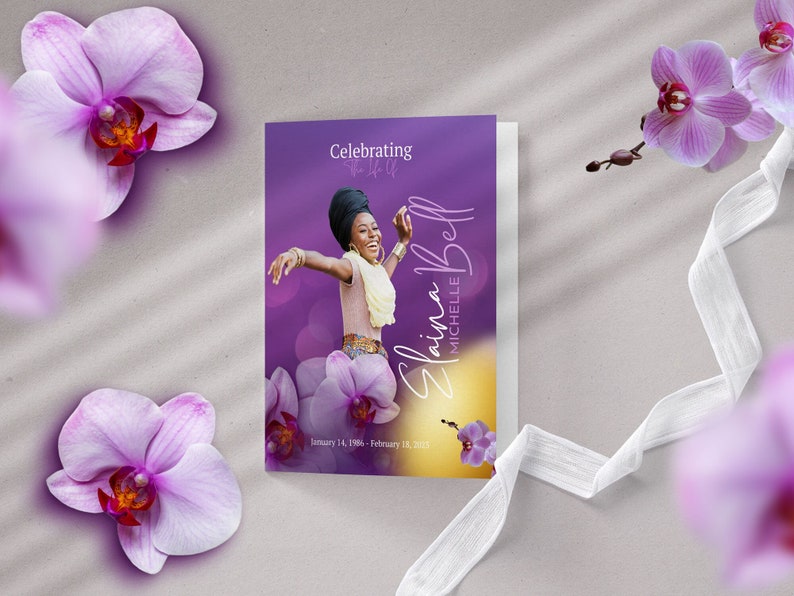 17x11 Large Bifold Purple Floral Funeral Program Celebration of Life Memorial Keepsake Digital Download Canva Template image 1