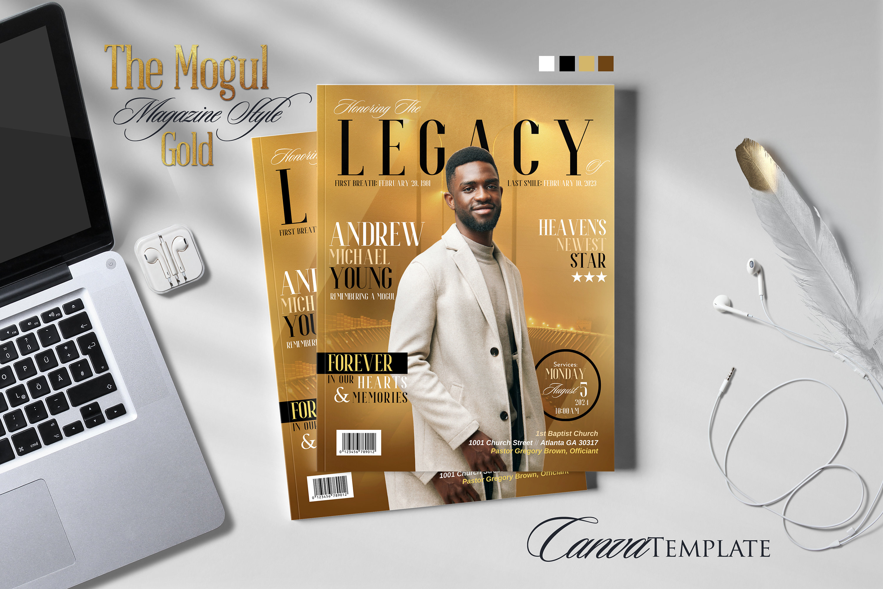 Magazine‑Style Funeral Program | Mogul Gold 8‑Page Booklet | Canva Editable | Memorial Keepsake Template | Celebration of Life