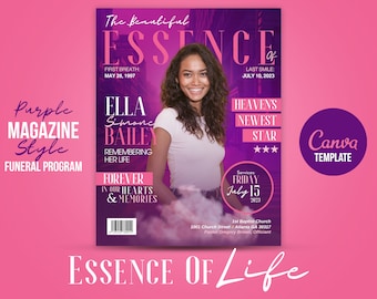 17"x11" Booklet (8 pages) | The Essence of Life Purple -  Magazine Style Obituary | Celebration of Life | Digital Download | Canva Template