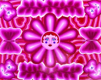 May include: A vibrant painting featuring a central flower with a human face, surrounded by pink and red heart-shaped patterns. The composition includes symmetrical purple butterflies, stylized floral motifs, and leafy borders in shades of magenta.
