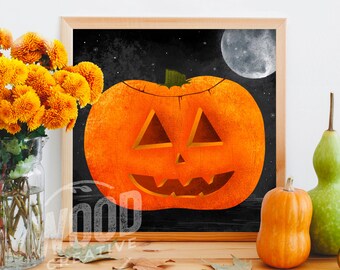 Jack-O-Lantern Original Art Print, 8x8 Print, Illustration, Fall Decor, Wall Art, Home Decor, Pumpkin Decor, Halloween Decor, Spooky Art
