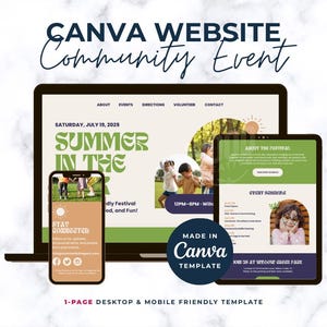 Puede incluir: Una plantilla de marketing digital para un evento comunitario, que se muestra en una computadora portátil, una tableta y un teléfono inteligente. El diseño presenta un esquema de color verde y blanco con el texto "Summer in the Park" y "Made in Canva Template."