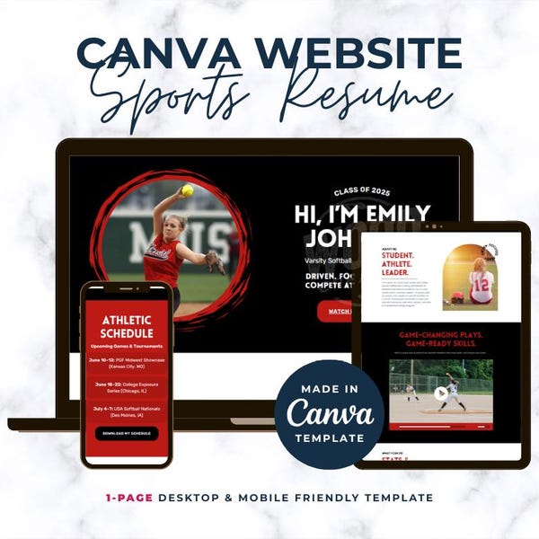 Sitio web personalizable de currículum deportivo en Canva; plantilla de una página; plantilla de página de destino; currículum deportivo editable para estudiantes de secundaria; para estudiantes atletas