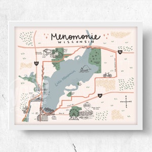Map of Menomonie, WI Original 10x8 Art Print, Home Decor, Wall Art, Illustrated Map, Office Decor, Wisconsin Artwork, Neutrals, Art Gifts