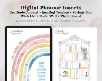 Digital Planner Inserts, Gratitude, Wish List, Finance, Book Tracker, Photo Memory Keeper, Vision Board, iPad Planner, GoodNotes Templates