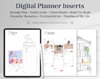 Digital PLANNER INSERTS, Finance, Goals, Vision Board, Reading Tracker, Photo Memory Keeper, Gratitude, Life Timeline for digital planning