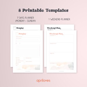 Op de afbeelding: Printbare planner sjablonen met een aquarel achtergrond. De sjablonen omvatten een weekplanner en een weekendplanner. De weekplanner heeft een sectie voor maandag, met ruimte voor dagelijkse doelen, takenlijsten en notities. De weekendplanner heeft secties voor zaterdag en zondag, met ruimte voor takenlijsten en notities.