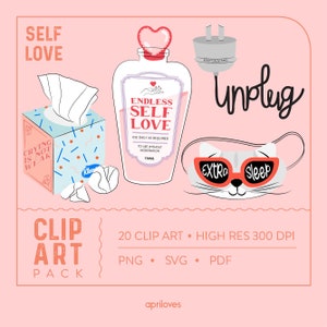 Self Love Clip Art, Self Care SVG, Handgetekende Leuke Clipart, Kawaii Illustratie Vector Art, Positieve Affirmatie Graphic, Geestelijke Gezondheid PNG