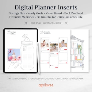 Könnte beinhalten: Digitale Planer-Einsätze mit handgezeichneten Illustrationen. Die Einsätze beinhalten einen Sparplan, Jahresziele, ein Vision Board, eine Buchliste, Lieblingserinnerungen, ein Dankbarkeitstagebuch und eine Zeittafel des Lebens.