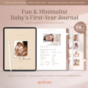 Diario digital minimalista para bebés, primer año del bebé, diario de hitos del bebé, diario de vida de mamá, plantilla GoodNotes, planificador minimalista de iPad