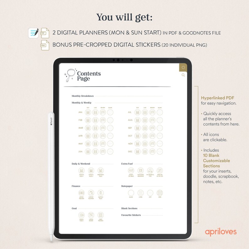 UNDATED Fun Digital Life Planner, Minimalist iPad Planner, Neutral GoodNotes Planner, Digital Journal, Notability, ZoomNotes, Noteshelf image 2