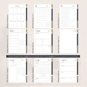 May include: Printable planner pages with different layouts for daily, weekly, and monthly planning. Includes designs for a monthly calendar, weekly schedule, daily log, and blank pages.