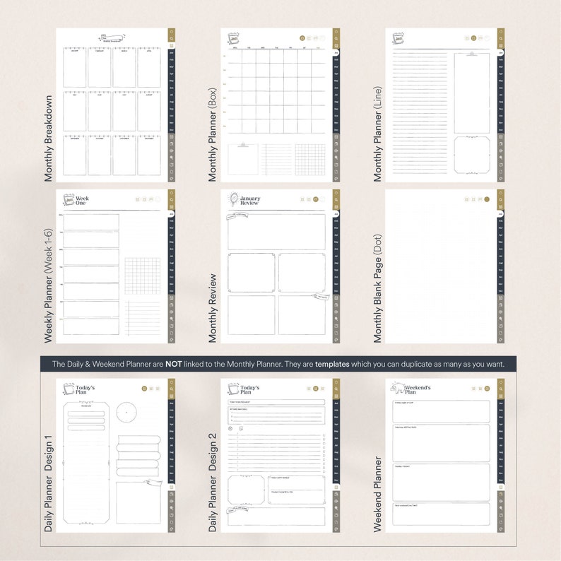 May include: Printable planner pages with different layouts for daily, weekly, and monthly planning. Includes designs for a monthly calendar, weekly schedule, daily log, and blank pages.