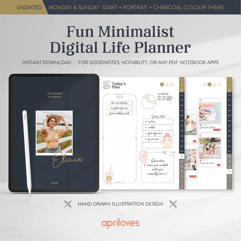 May include: A digital life planner template with a charcoal background and gold accents. The planner includes a section for "Today's Plan" with a to-do list, a daily habit tracker, and a section for reminders. The planner also includes a section for a personal photo and a space to write "This planner belongs to" followed by a name. The text "Fun Minimalist Digital Life Planner" is at the top of the image. The text "Instant Download | For Goodnotes, Notability, or any PDF Notebook Apps" is below the title.