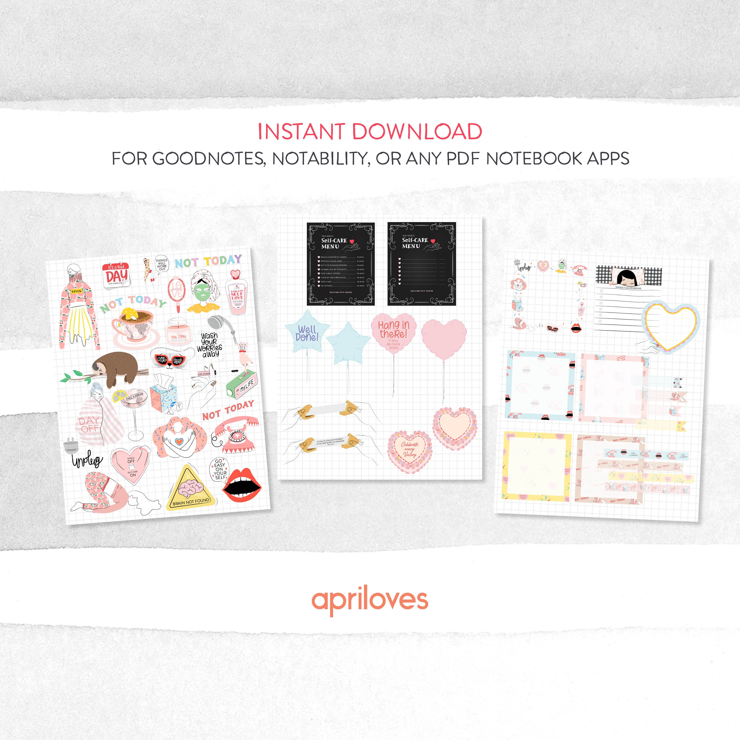 SELF CARE Digital Stickers, Cute Goodnotes Stickers for Digital Planner ...