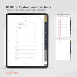 May include: A digital tablet screen displaying a printable planner page with 10 blank customizable sections. The sections are numbered 1 through 10 and are labeled with the text "Meal planning" and "Business ideas". The page is designed for use as an insert, doodle, scrapbook, notes, etc. Each number is linked to a blank page.