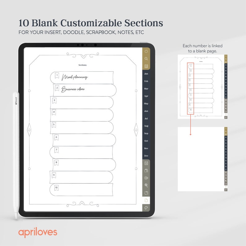 May include: A digital tablet screen displaying a printable planner page with 10 blank customizable sections. The sections are numbered 1 through 10 and are labeled with the text "Meal planning" and "Business ideas". The page is designed for use as an insert, doodle, scrapbook, notes, etc. Each number is linked to a blank page.