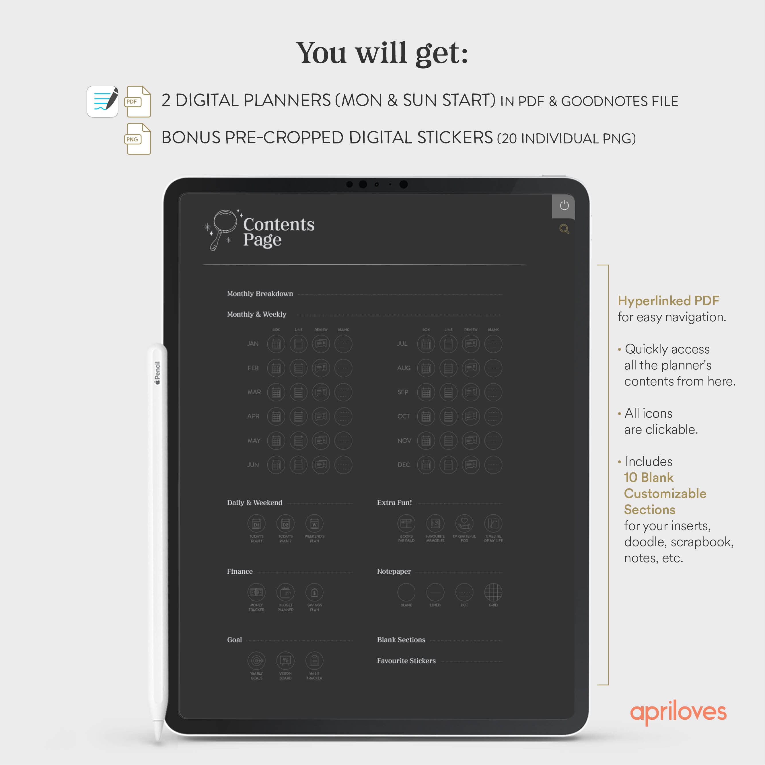 Undated Blackout Digital Planner, iPad Planner, Dark Mode Goodnotes ...