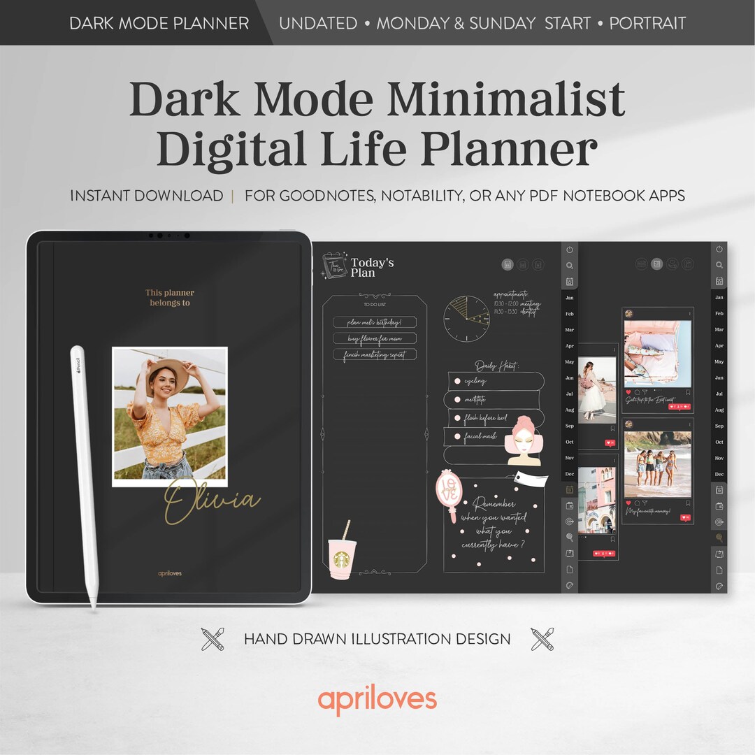 Undated Blackout Digital Planner, iPad Planner, Dark Mode Goodnotes ...