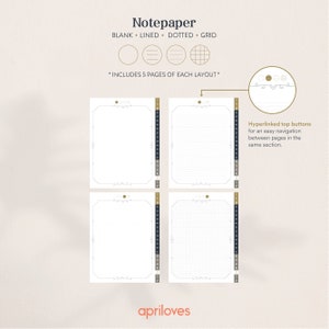 May include: Four printable notepaper pages with different layouts: blank, lined, dotted, and grid. Each page has a decorative border and hyperlinked top buttons for easy navigation between pages in the same section. The text "Notepaper" and "Includes 5 pages of each layout" is displayed at the top of the image.