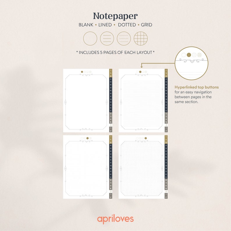 May include: Four printable notepaper pages with different layouts: blank, lined, dotted, and grid. Each page has a decorative border and hyperlinked top buttons for easy navigation between pages in the same section. The text "Notepaper" and "Includes 5 pages of each layout" is displayed at the top of the image.