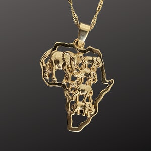 Africa Map Gold Plated Pendant Charm Fashion Necklace 24” Long Chain for Women African Elephants Tribal Ethnic