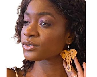Large Brown Wooden Elephant Dangle Earrings