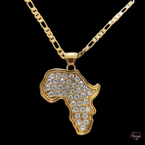 Africa Map Rhinestone Gold Plated Pendant Charm Fashion Necklace 24” Long Chain for Women