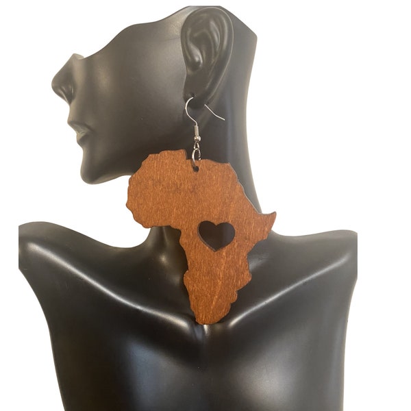 Large Wooden Africa Map Brown Women's Afro Dangle Earrings | Lightweight Statement Afrocentric Symbolic Tribal Earrings With Heart