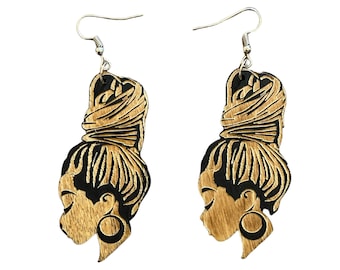 Natural Hair Ponytail African Wooden Dangle Earrings | Gorgeous Melanated Black Woman Symbolic Afrocentric Jewelry