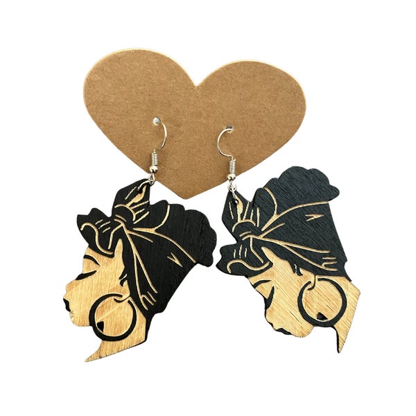 African Goddess Turban Wooden Dangle Earrings | Gorgeous Natural Hair Melanated Black Woman Symbolic Afrocentric Jewelry