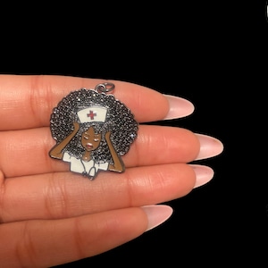 Black Nurse Charm Gift For Nurse Afro Bling Pendant for Jewelry Making Healthcare Worker Charm