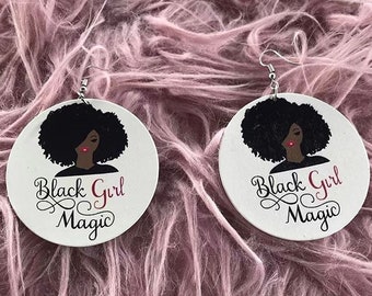Black Girl Magic African American Woman With Fro Earrings - Wooden Afrocentric Curly Hair