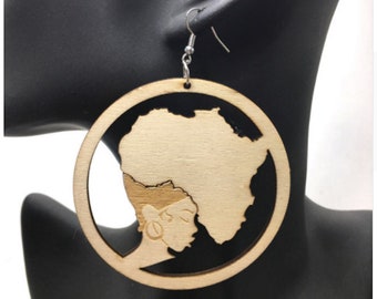 Large Wooden Africa Map Black Woman Afro Dangle Earrings