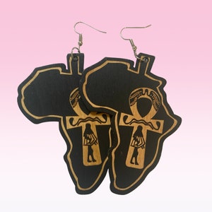 Black Motherland Ankh Wooden Symbolic Egyptian Cross Hieroglyphic Dangle Drop African Earrings