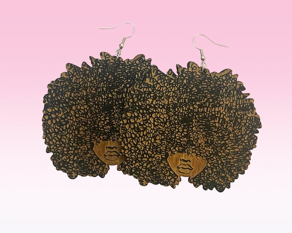 Giant Curly Black Woman with Afro Wooden Earrings | Wash and Go Curly Hair Fro
