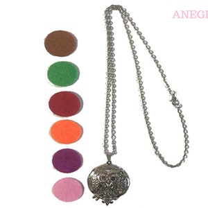 May include: A silver owl locket necklace with a chain. The locket has a hinged opening to insert a felt pad. Six felt pads are shown in different colors: brown, green, red, orange, purple, and pink.