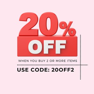 May include: Red 3D text that reads "20% OFF" with a dotted line border. The text "WHEN YOU BUY 2 OR MORE ITEMS" is below the red text. The text "USE CODE: 20OFF2" is below the dotted line.
