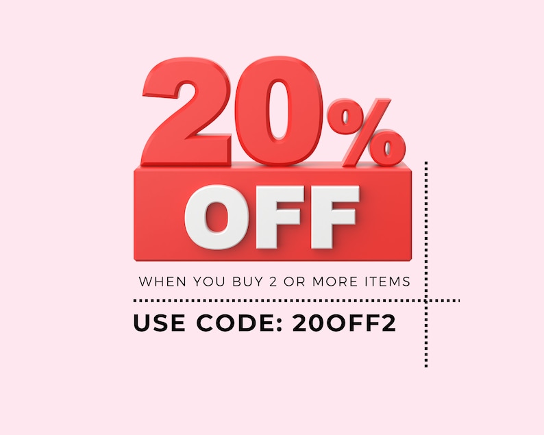 May include: Red 3D text that reads "20% OFF" with a dotted line border. The text "WHEN YOU BUY 2 OR MORE ITEMS" is below the red text. The text "USE CODE: 20OFF2" is below the dotted line.