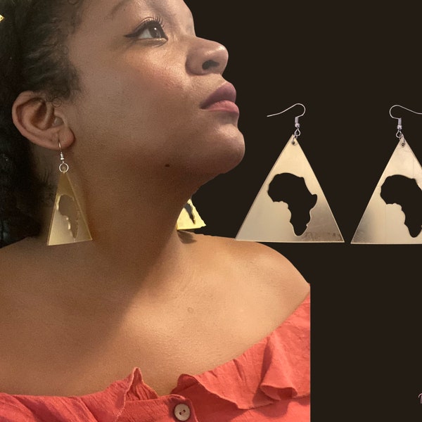 Africa Map Gold Mirror Afro Dangle Earrings | Large Acrylic Triangle Statement Afrocentric Symbolic Tribal Motherland Earrings