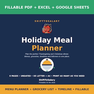 Può includere: Un pianificatore digitale di pasti festivi con un'icona di drago rosso, il testo SHIFTTOSALARY, Holiday Meal Planner, e descrizioni per menu, spesa, scadenze e avanzi. Include 8 pagine, formati US Letter e A4, PDF, Excel e Google Sheets.