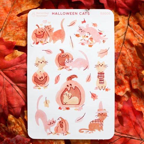 Halloween Sticker Sheet, Kawaii Halloween Stickers, Cute Halloween Stickers, Halloween Planner Stickers, Cat Stickers for Planner, Journal