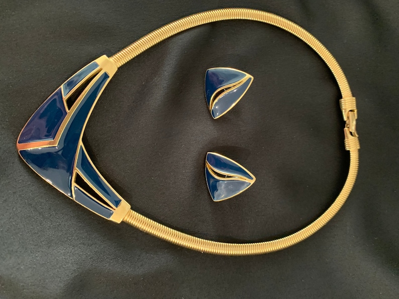 Trifari Gold tone and enamel necklace and earring set 70s