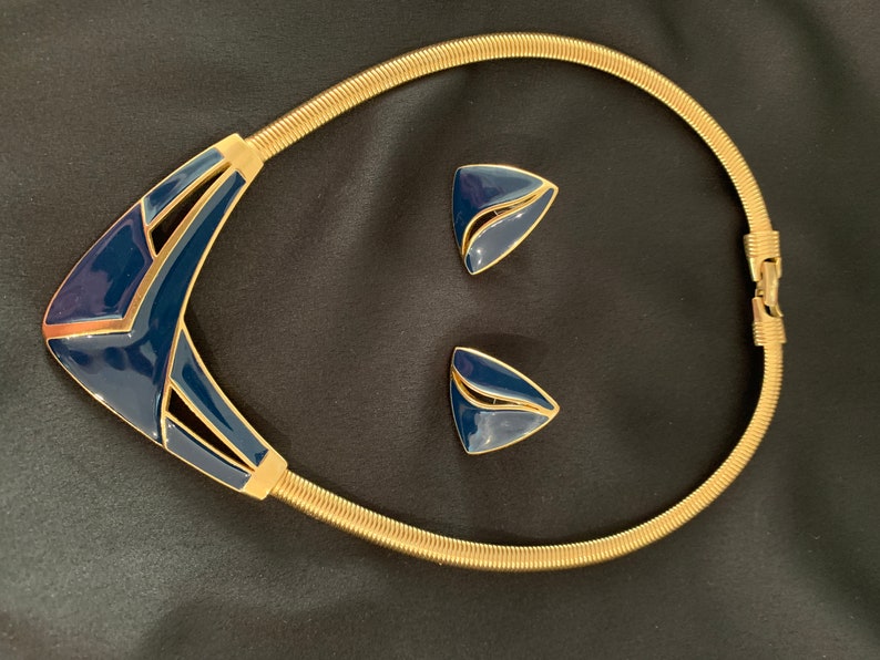 Trifari Gold tone and enamel necklace and earring set 70s